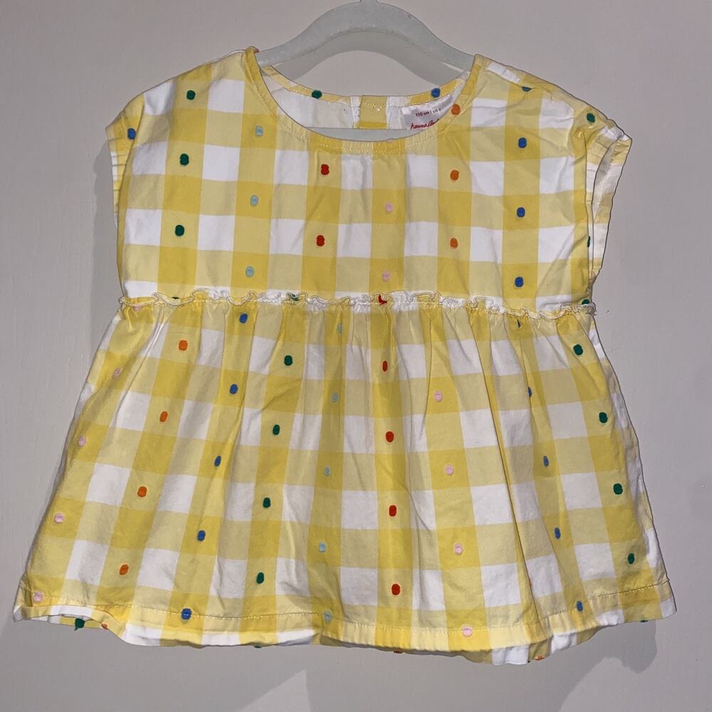 HANNA ANDERSSON Sz 5 Girls Yellow Gingham Polka Dot Pullover Shirt Festive